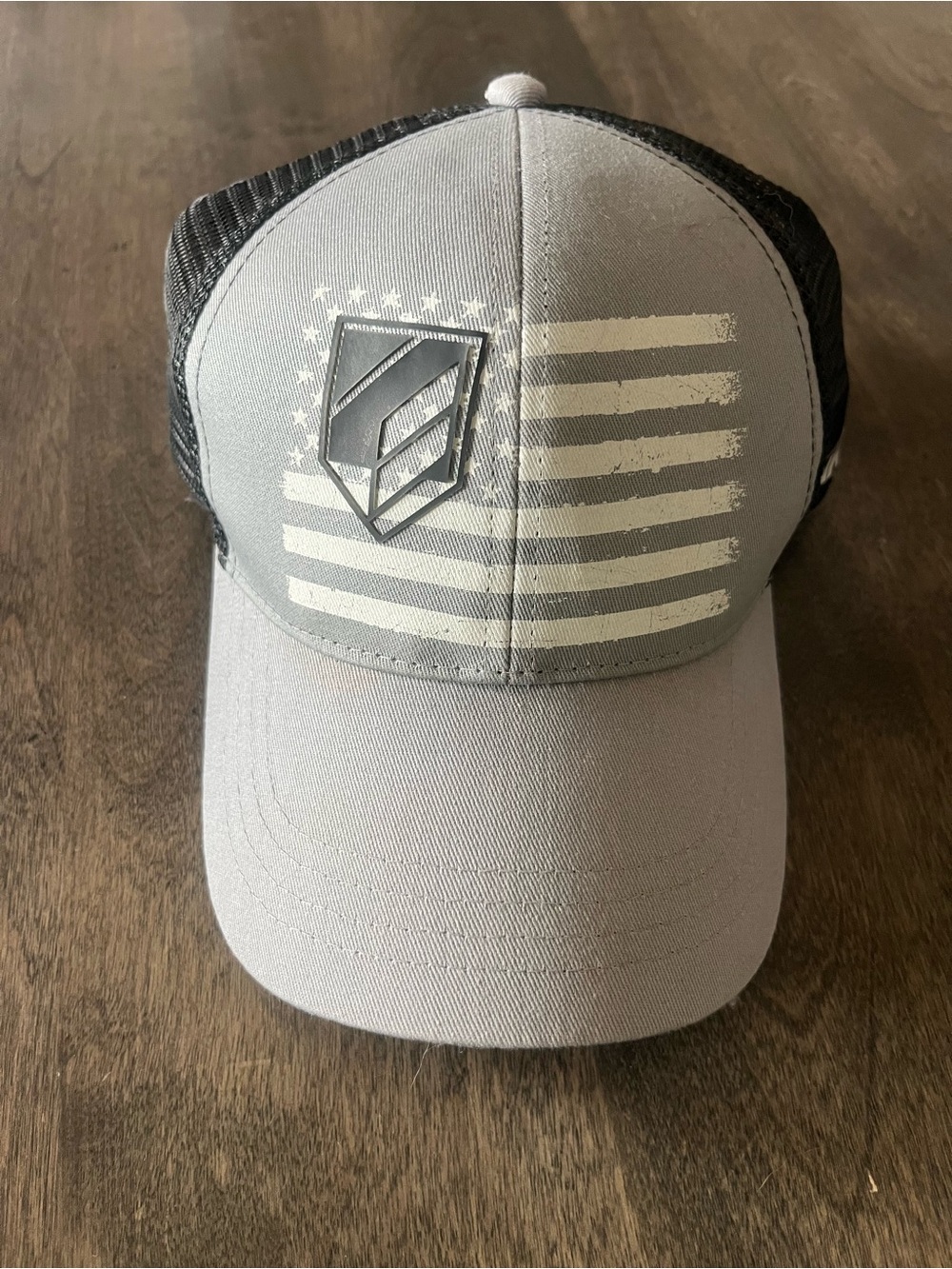 Gray and Black Mesh Trucker Hat with Flag Accent